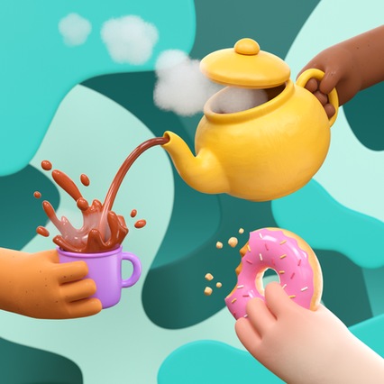 Stylized colorful  3D characters tea party with detailed textures, created in Cinema 4D, C4D, and Octane