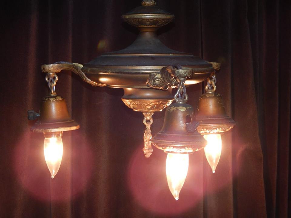 Thumbnail: Art Nouveau Three-Arm Brass Pan Chandelier