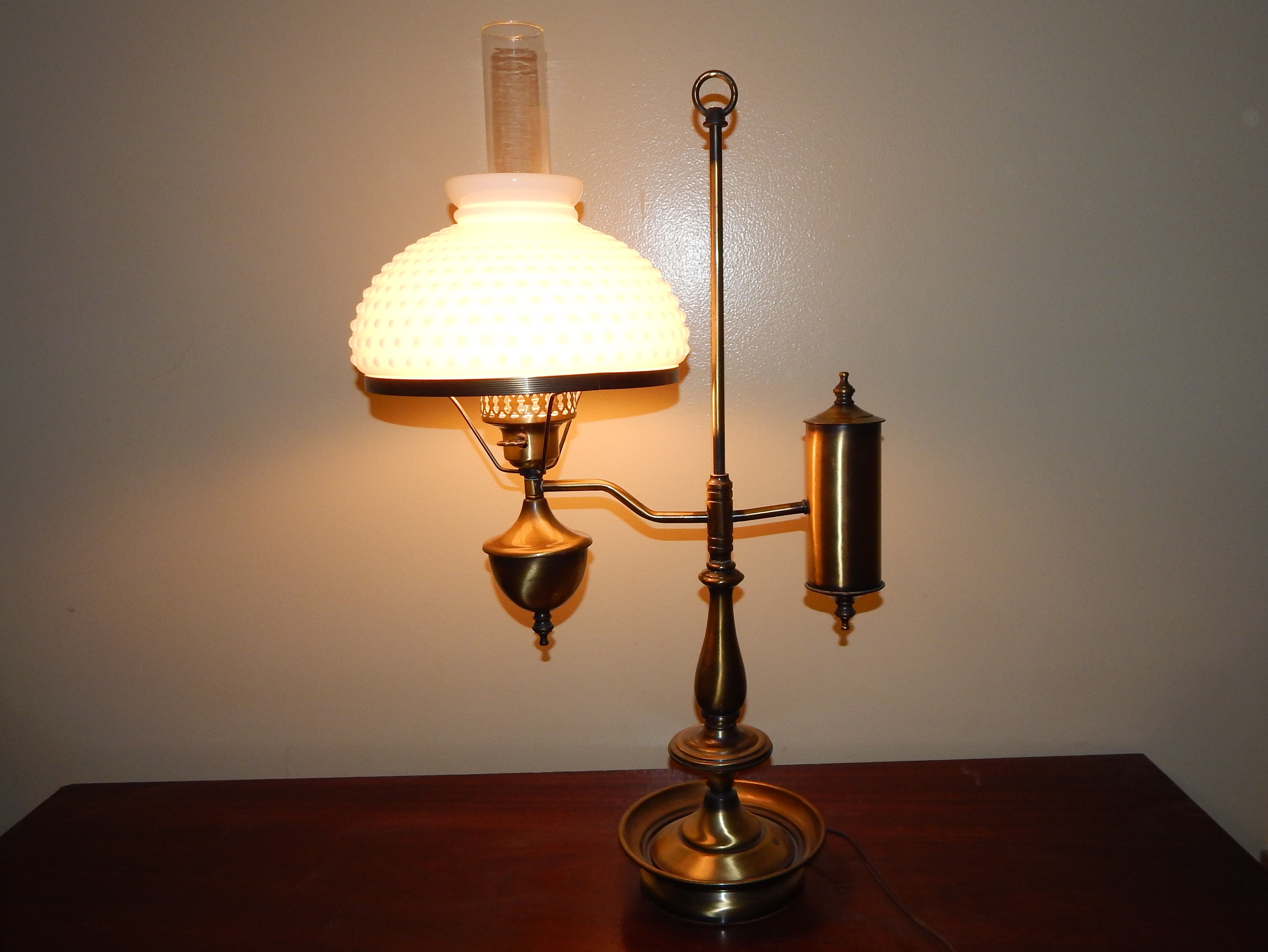 Vintage Antique Brass Student Lamp with Milk Glass Shade