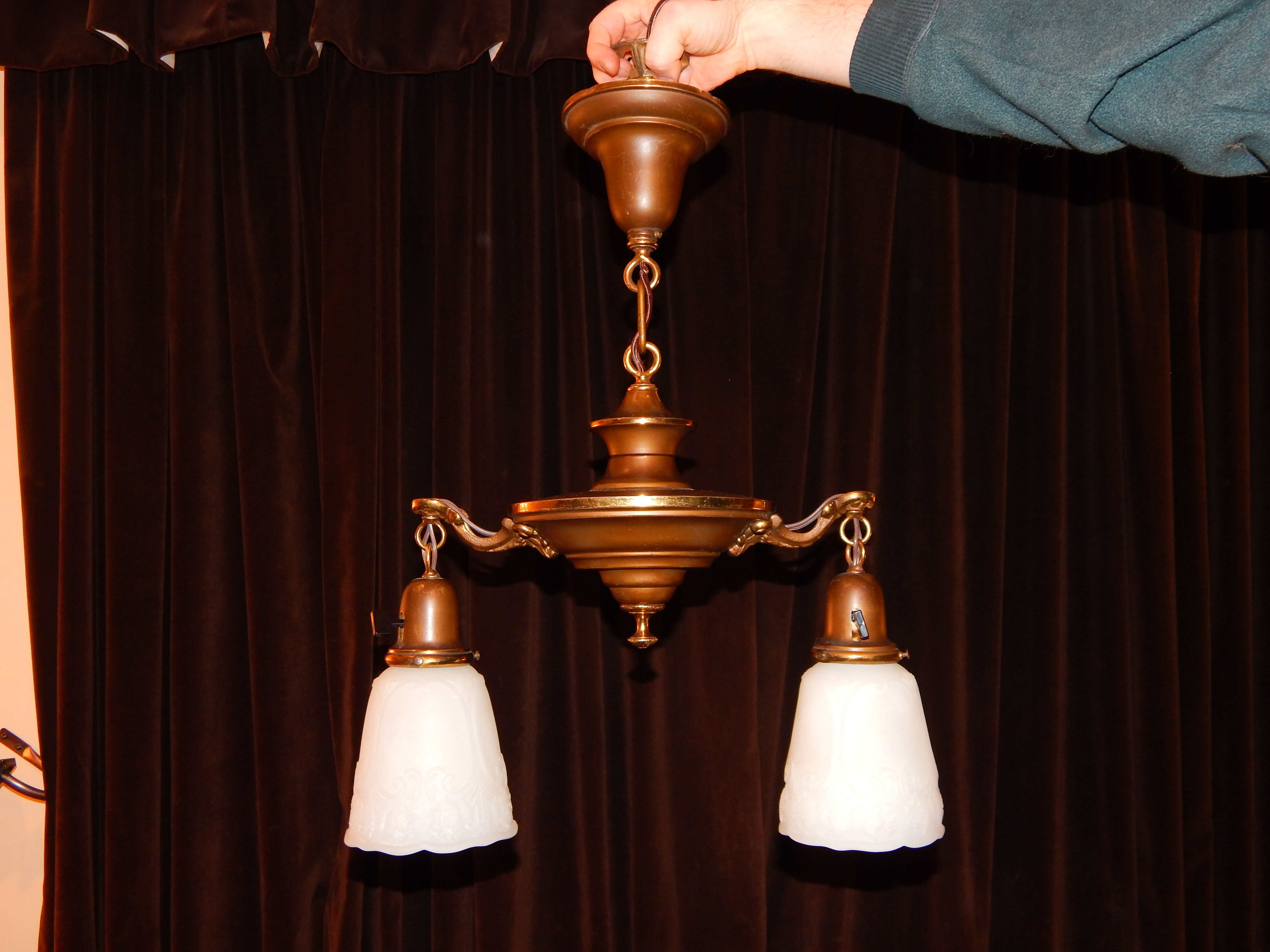 Antique Art Deco Two-Arm Brass Pan Light With Antique Glass Shades