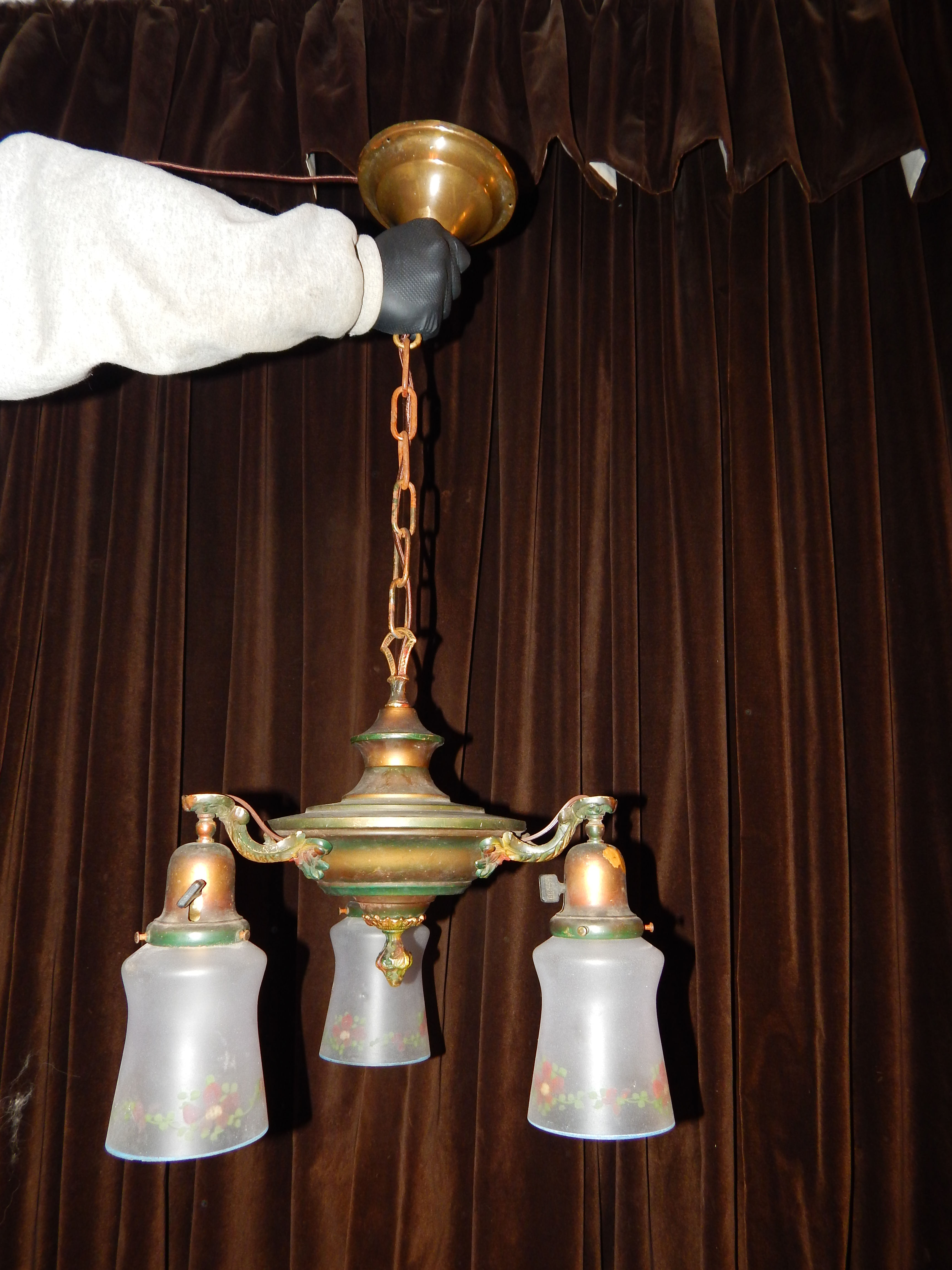 Antique Three-Arm Polychrome Pan Light