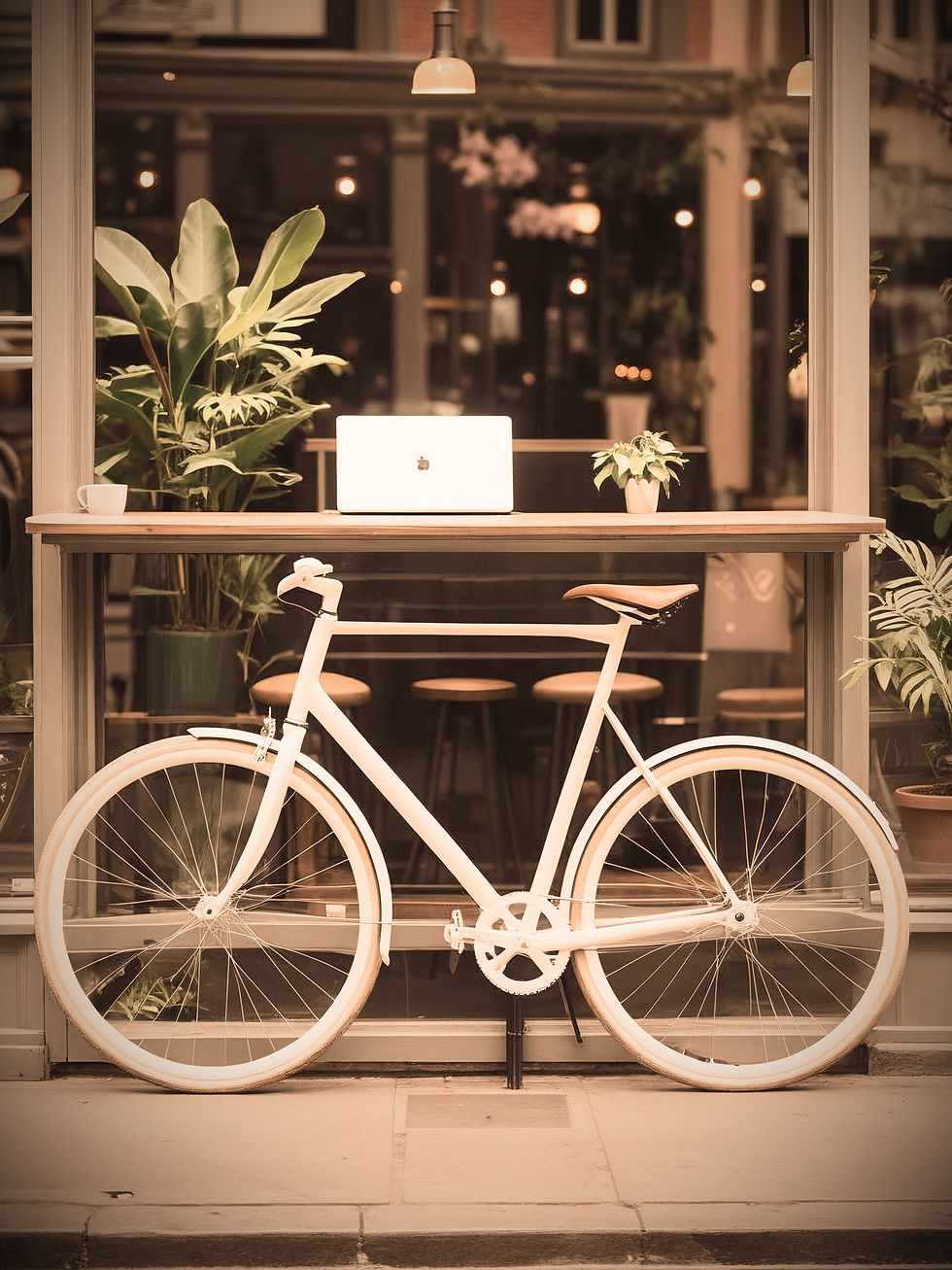A bike outside a coffee shop where an executive leader is working.