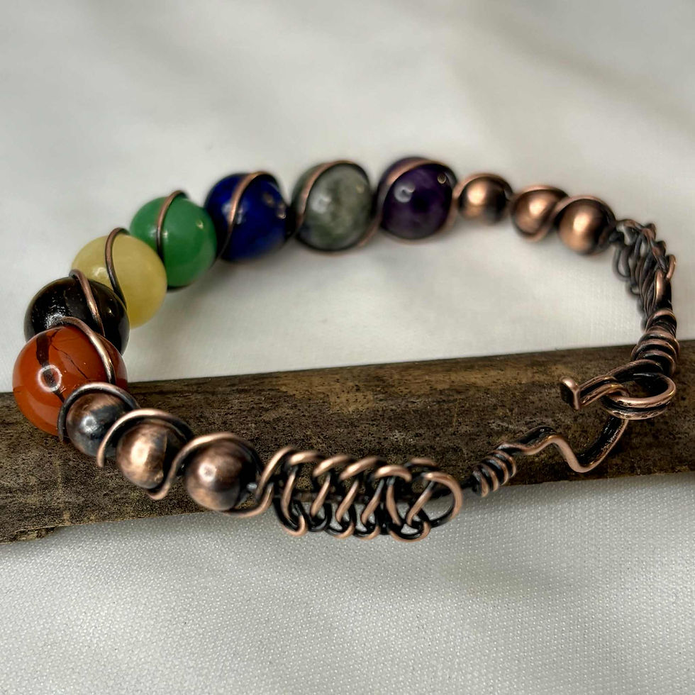 Thumbnail: Handmade oxidized copper chakra talisman bracelet with wire-wrapped natural gemstones, side