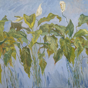 a painting of two peace lily plants