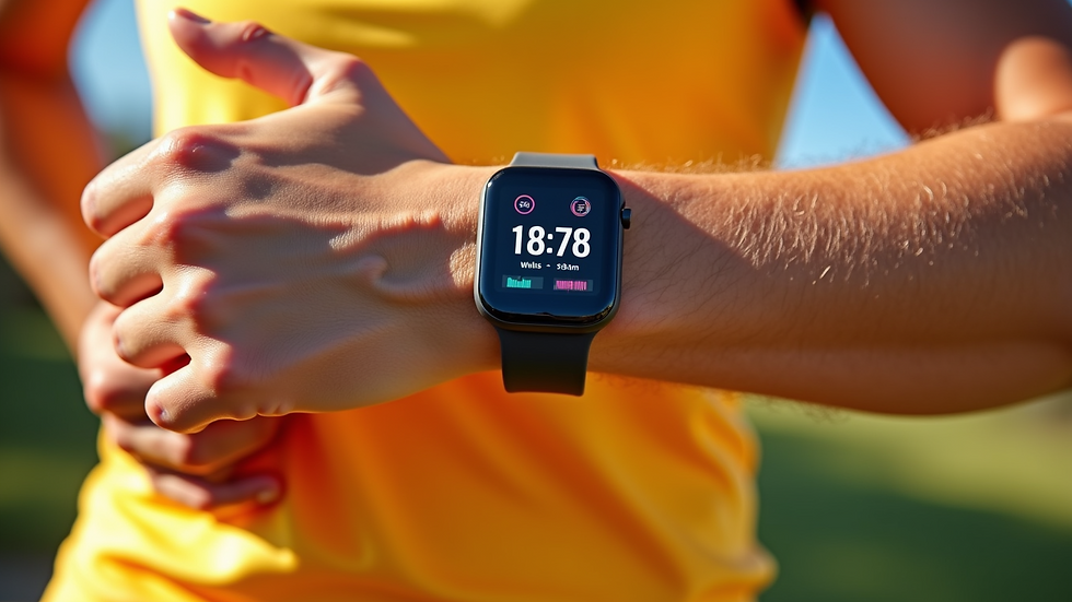 Close-up of a fitness tracker showing heart rate and calories burned