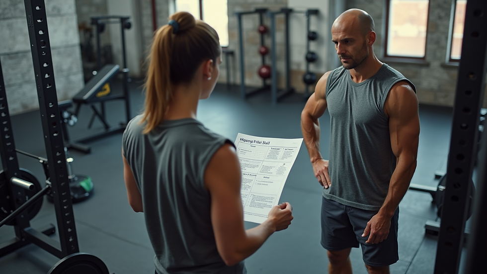 High angle view of a fitness coach planning a workout session