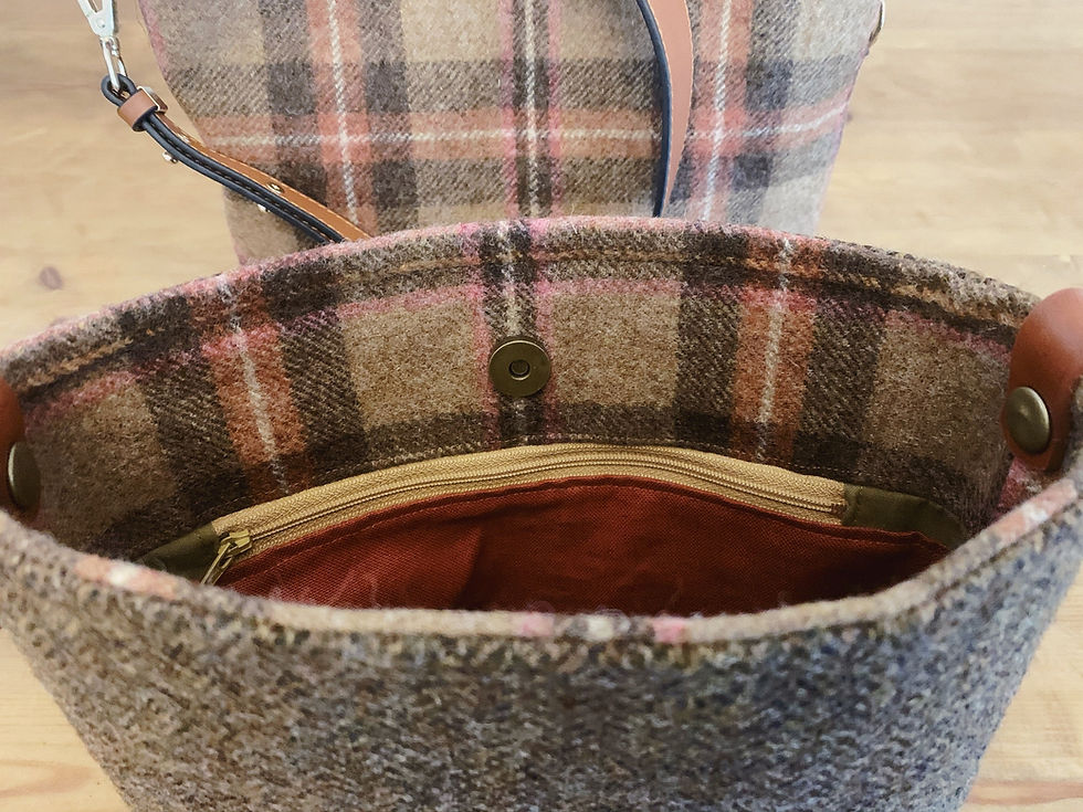 Thumbnail: Pink and Brown Herringbone tweed shoulder bag, shoulder bag, Work bag, casual ba