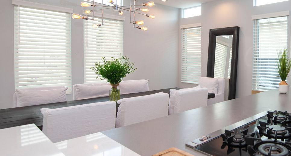 Modern white cordless blinds in a modern dining room in Northern NJ.