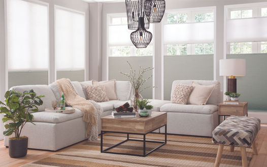 Modern living room with dual light filtering cellular shades by Norman installed by Hands-On Home Services NJ