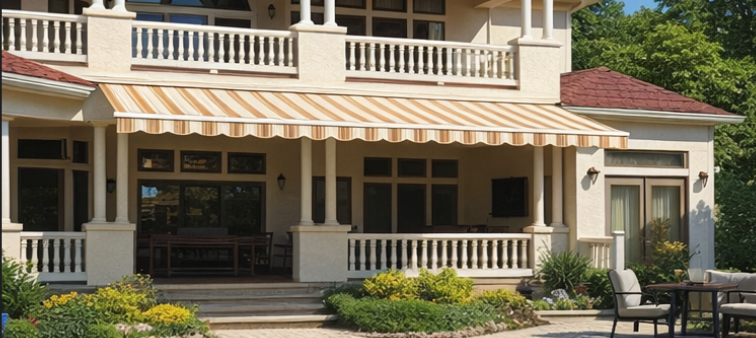 Bergen County, NJ house with retractable awnings covering balconies and patio next to a pool.