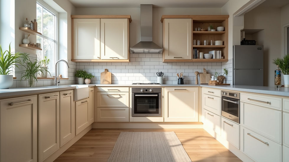 Wide angle view of a renovated kitchen with new cabinets and appliances