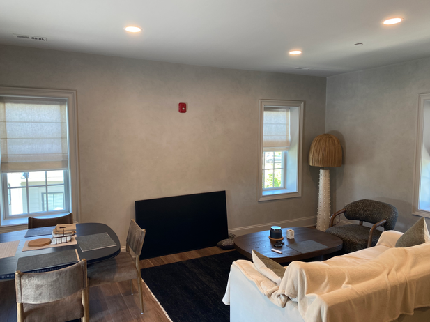 Modern Soft Roman Shades installed in a modern Morris County, NJ living room.  Installed in Chatham, NJ.  