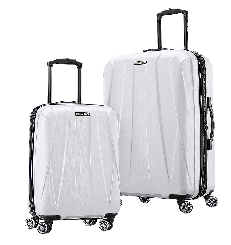 2 white hardcover samsonite suitcases on spinners