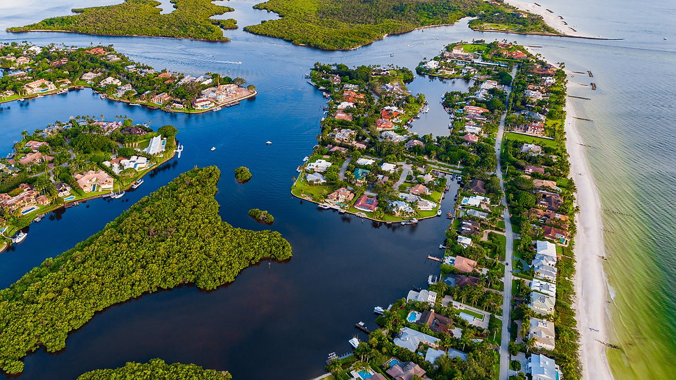 Aerial view of Naples waterfront homes and coastal waterways.