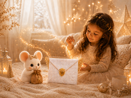 Coffret de la Petite Souris Magilumina avec 20 lettres illustrées, carte d'aventure, enveloppe magique et sceaux scintillants pour créer un rituel féerique autour des dents de lait.
