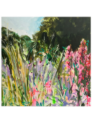 Expressive flower meadow on the backdrop of woodlands. Purple and pink flowers.