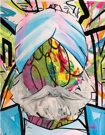 On a background of a colourful foliage and thick black lines, a man sits large in the centre of this surreal painting. Wearing a light blue turban, his face has been replaced with expressive colours of green, yellow, purple and red.