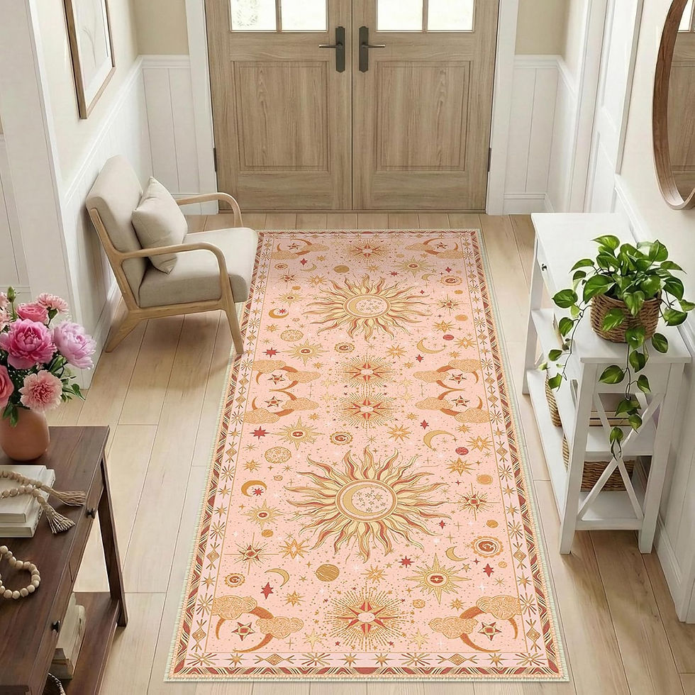 Miniatura: Bohemian Sun Moon Star Area Rug Black Background Celestial Print Non-Slip Washab