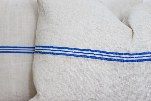 Thumbnail: Vintage Grainsack Cornflower Blue Stripe large cushion