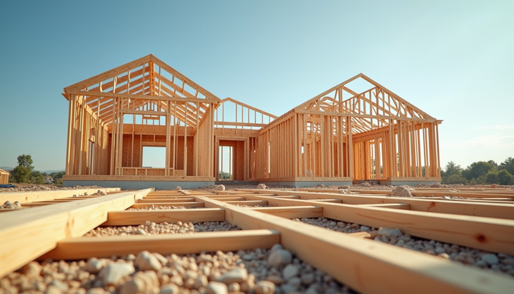 Eye-level view of a partially framed house under construction with clear blue sky