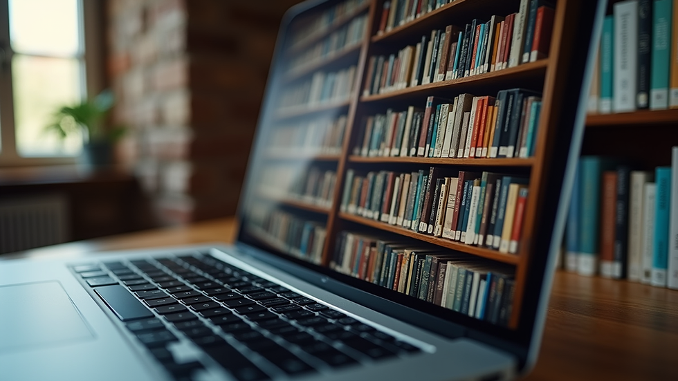 Eye-level view of a laptop screen displaying an academic ebook library