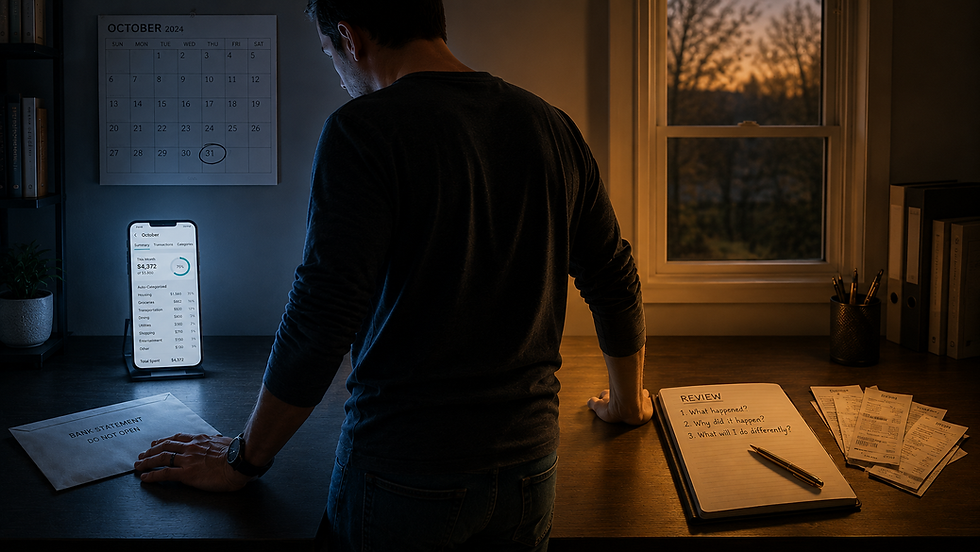 Man at desk studying bills, phone budget app, and a October 2024 calendar; a bank statement and REVIEW notebook sit by sunset window.