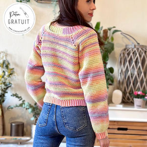 Vous rêvez d'un pull au crochet douillet et unique, crocheté par vos soins ? Notre tuto crochet gratuit vous guidera pas à pas dans la réalisation de votre premier pull au crochet. La version crochet PDF est disponble dans la boutique en ligne. Avant de commencer, assurez-vous d'avoir à portée de main votre pelote de fil préféré, un crochet adapté, un mètre ruban et une aiguille à laine.

Ce pull top down au crochet se cronstruit de haut en bas,  avec nos explications détaillées et nos schémas clairs, vous maîtriserez rapidement les bases du crochet.

Le crochet est une activité relaxante et créative qui vous permettra de vous détendre tout en réalisant un vêtement unique. Laissez libre cours à votre imagination et choisissez les couleurs qui vous plaisent le plus. Le fil Lizzie, de Lou passion, multicolore et 100% acrylique, vous offre de nombreuses possibilités pour créer un pull au crochet qui vous ressemble. Alors, n'hésitez plus et lancez-vous dans l'aventure du crochet !