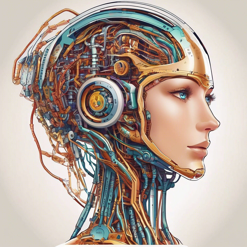 Futuristic female robot with intricate copper and teal circuitry. The side profile shows detailed mechanical components, evoking a technological mood.