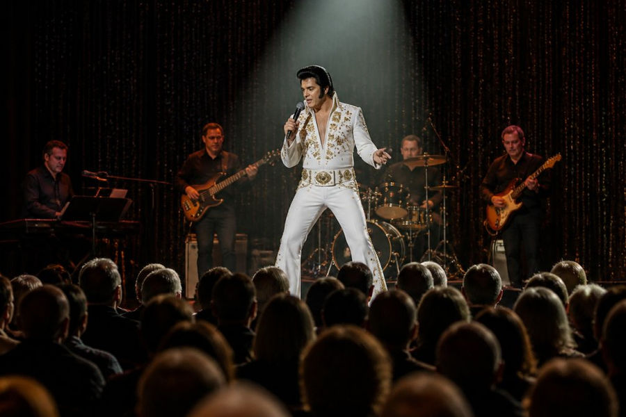 A tribute artist in a sequined jumpsuit under a single spotlight, holding a microphone mid-song, with a live band behind them and a packed audience in the foreground
