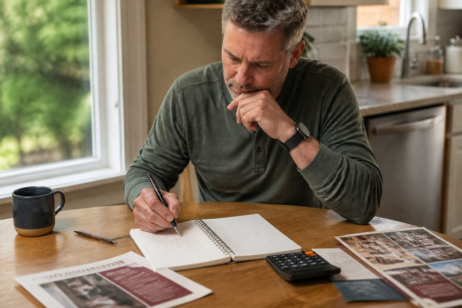 A person in their 50s sitting at a kitchen table with a notebook, calculator, and printed membership brochure, thoughtfully comparing options in warm natural light
