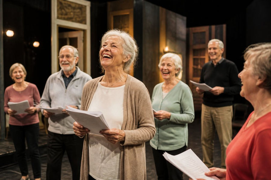 A group of smiling seniors on a theatre stage during a rehearsal, wearing casual clothes and holding scripts, with warm stage lighting and set pieces in the background
