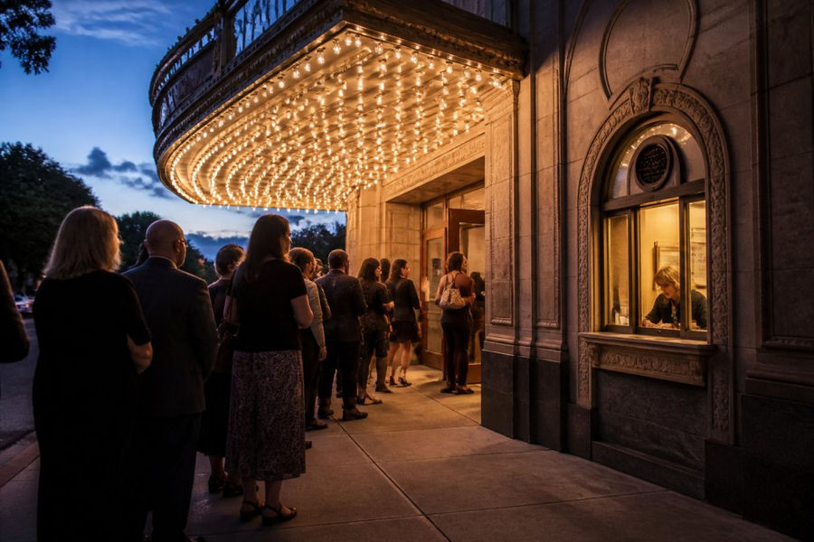 Patrons waiting in line at a sold-out theatre marquee to purchase early theatre tickets at dusk.
