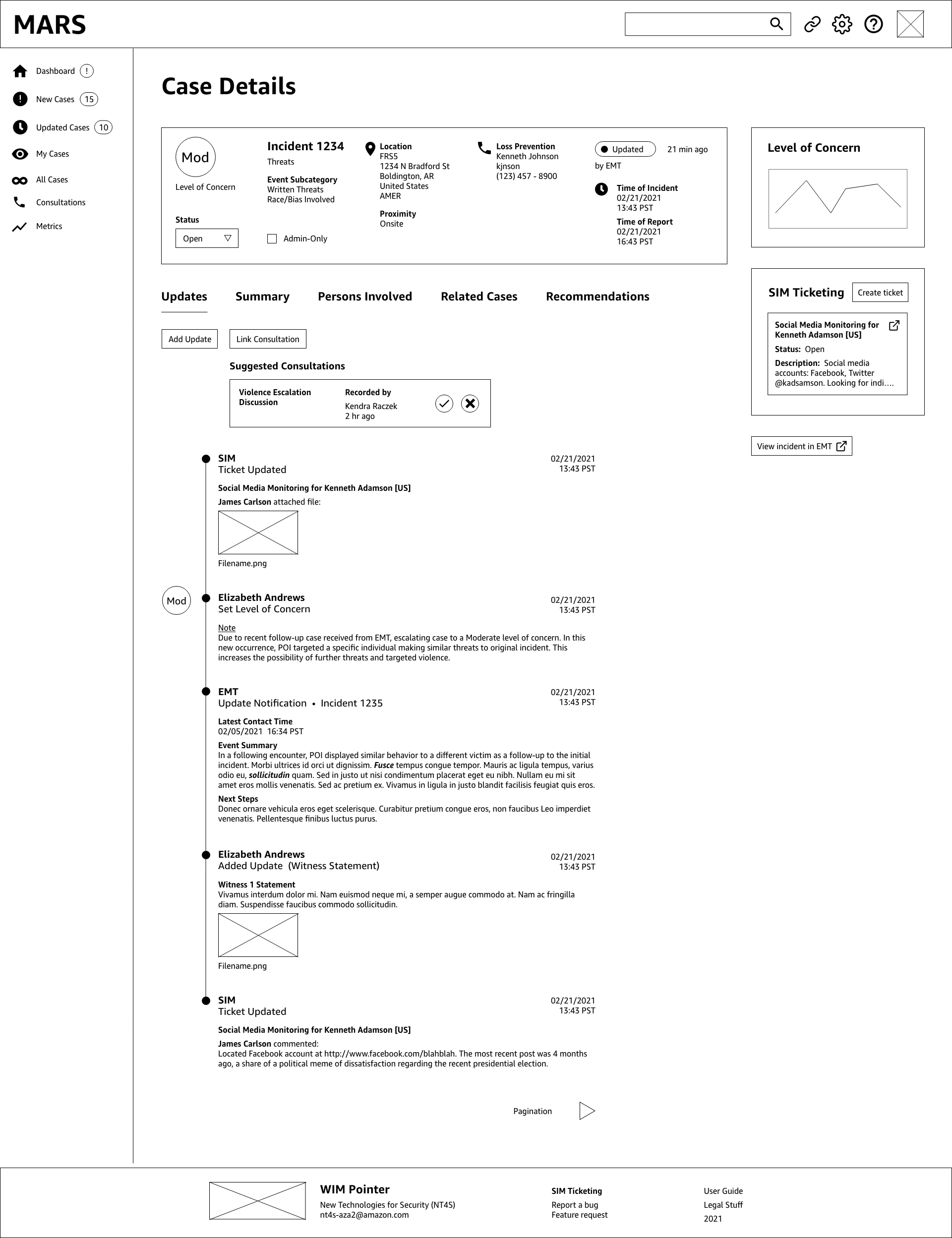 Low-fidelity wireframe screen of MARS case details
