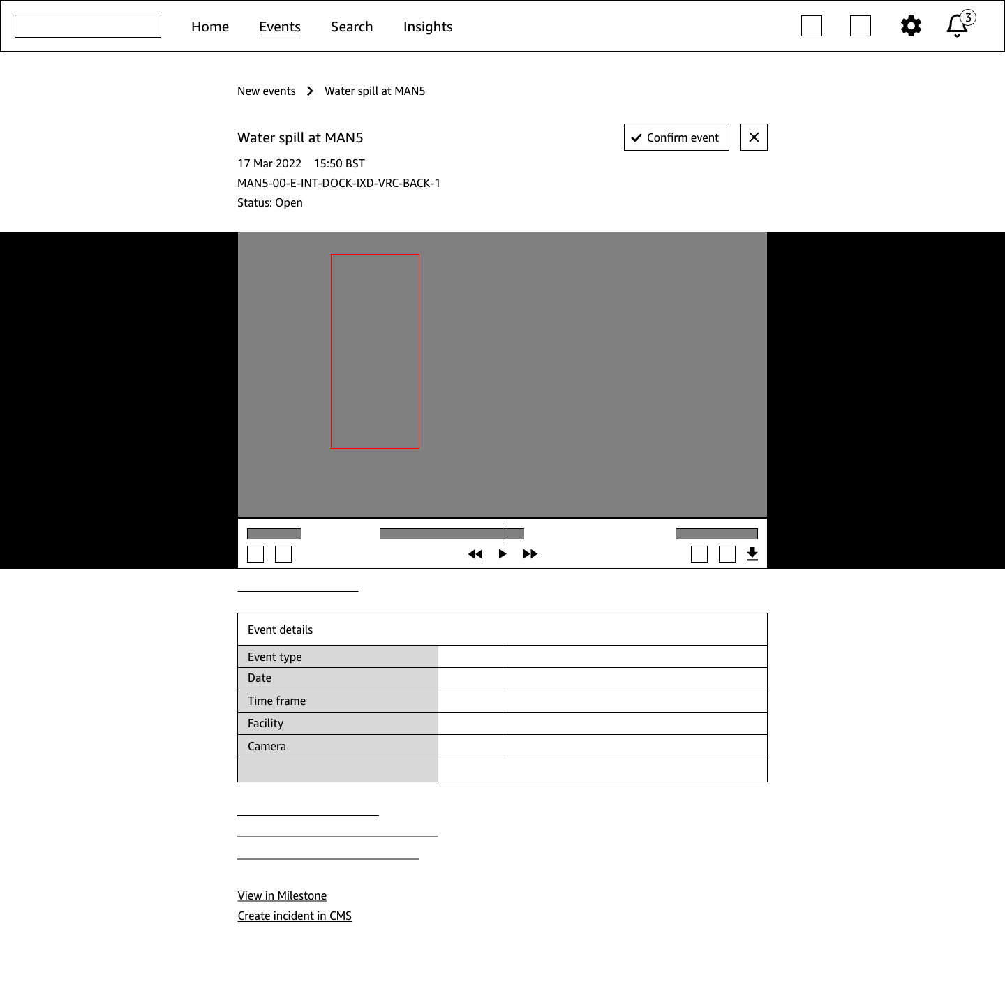 Low-fidelity wireframe page of an event in AVISA