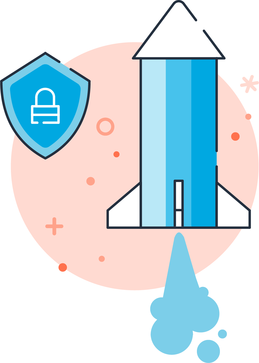 Illustration with a rocket launching and shield