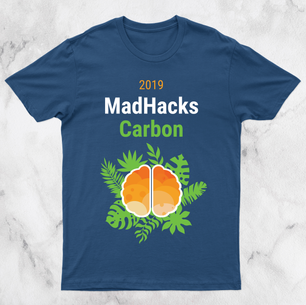 Mockup of a blue T-shirt with 2019 MadHacks Carbon logo