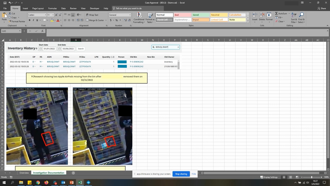 Screenshot of a theft case file
