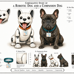 Vintage-Patentzeichnung: Vergleichsstudie eines STAT-UP-Roboterhundes und eines echten Hundes mit beschrifteten Anatomiedetails wie Kopf, Gelenken und Fell