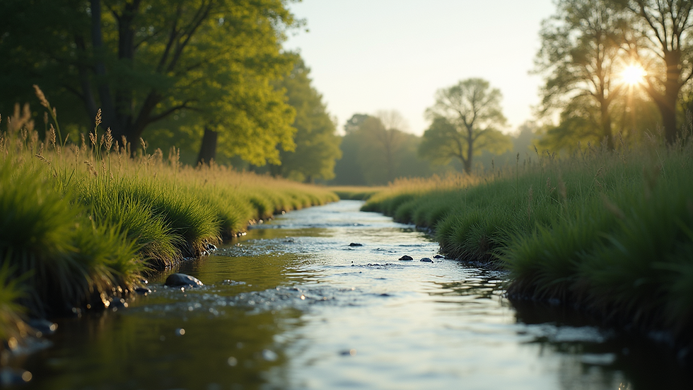 Eye-level view of a serene natural landscape with a calm river