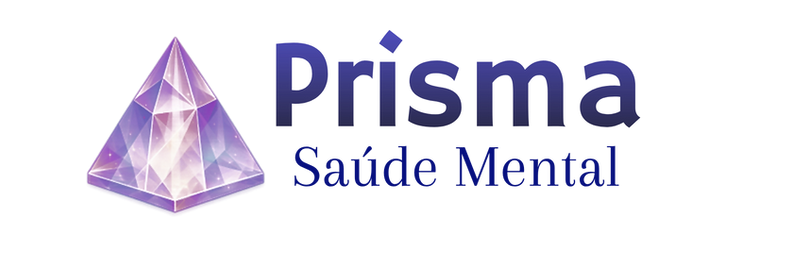 logotipo com o desenho de um prisma triangular em tons de lilás e os escritos: Prisma Saúde Mental