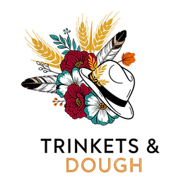 Business Logo - Fedora surrounded by flowers, feathers, and wheat stalks. Text reads Trinkets and Dough.