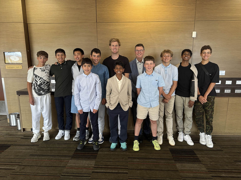 The junior players at the Neale Fraser Scholarship Camp - with Luke Saville and Trevor Dohnt