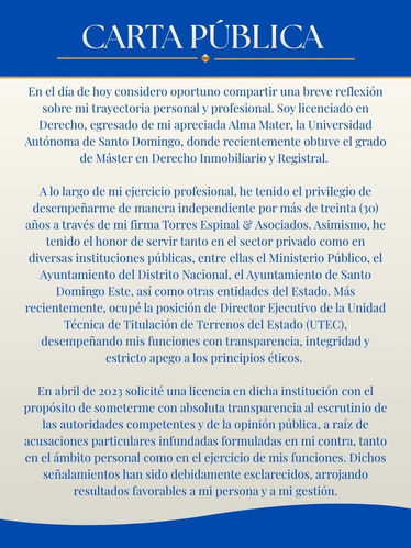 Carta pública: Mérido Torres Espinal responde y aclara su desvinculación de procesos judiciales