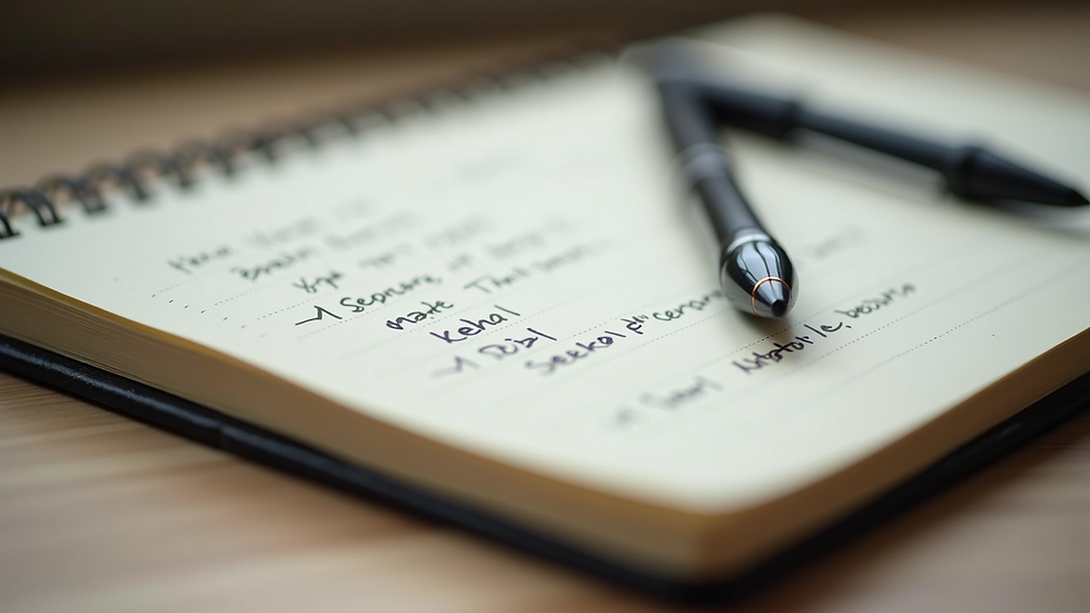 Close-up view of a notebook with handwritten plot notes and a pen