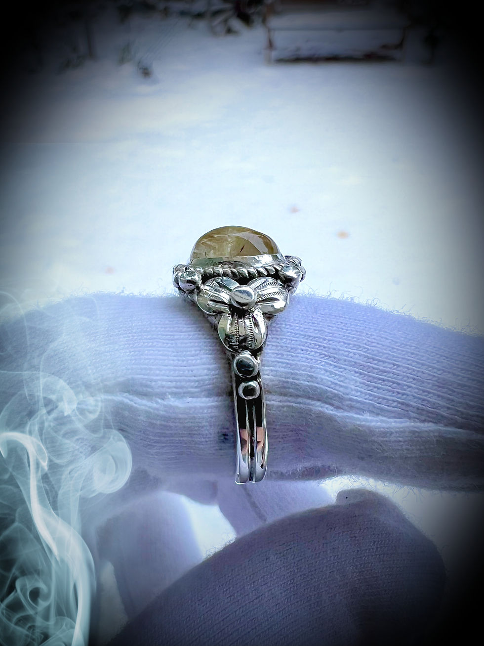 Thumbnail: Silver Indian Motif Natural Golden Rutile Ring