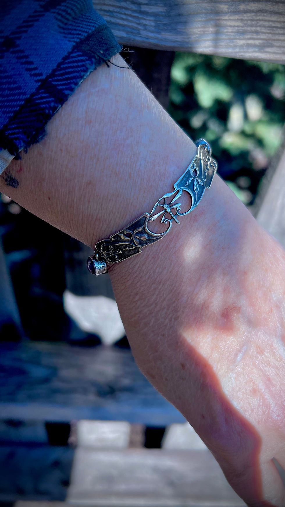 Thumbnail: Handcrafted Art Nouveau Silver Dragonfly Adjustable Bracelet with Star Ruby's