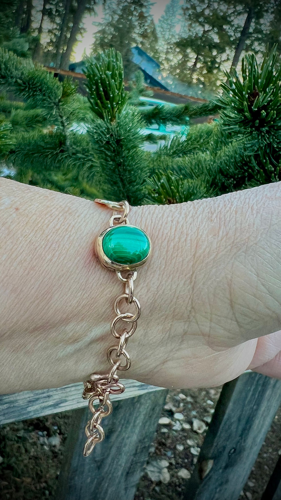 Thumbnail: Handmade Art Nouveau Dragon Fly and  Malachite Stone Negative Space Bracelet