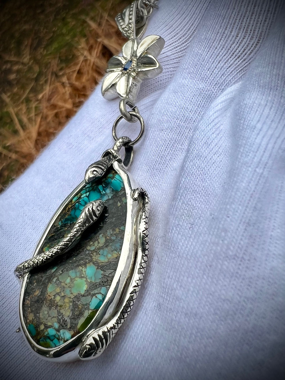 Thumbnail: Duel Silver Turquoise and Spinel Snake Pendant 