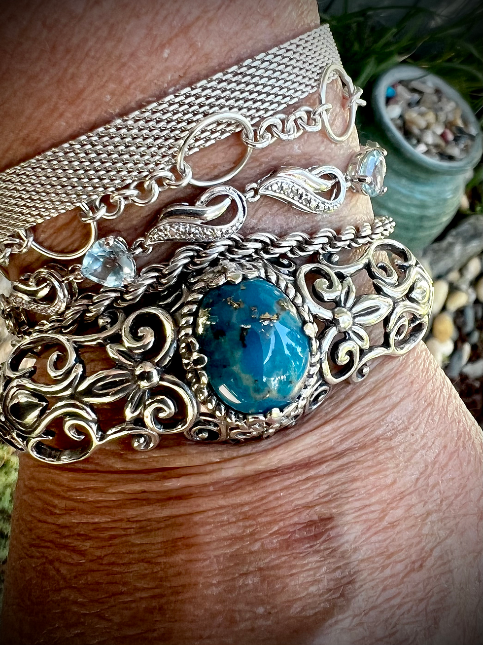 Thumbnail: Native American Swirl Cuff Heavy Silver Turquoise Stone