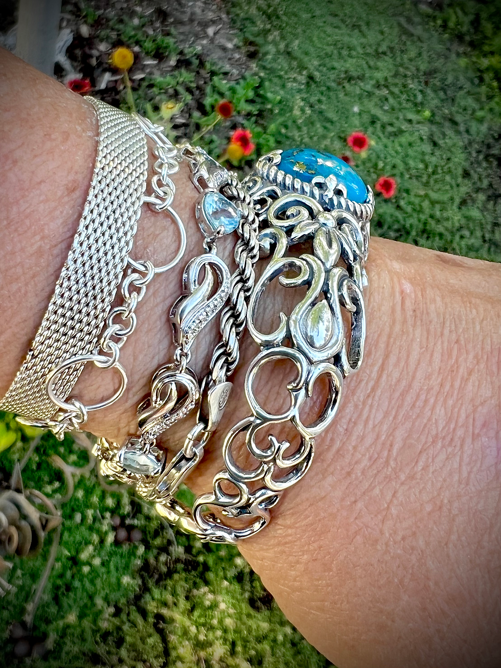 Thumbnail: Native American Swirl Cuff Heavy Silver Turquoise Stone